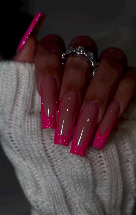 French Tip Nails With Design Rhinestones, Fuschia Acrylic Nails, Nails For A Hot Pink Dress, Pink Barbie Inspired Nails, Pink Scorpio Nails, Pink Boujee Nails, Barbie Theme Nails, Hot Pink Birthday Nails, Sugar Glitter Nails