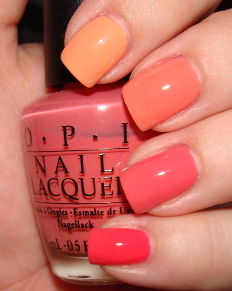 index to pinky:  china glaze peachy keen, color club coral cascade, opi back to the beach peach, lippmann daytripper Peach Nail Polish, Coral Nail Polish, Unghie Nail Art, Coral Nails, Great Nails, Simple Nail, Glitter Acrylics, Pink Nail, Beach Nails