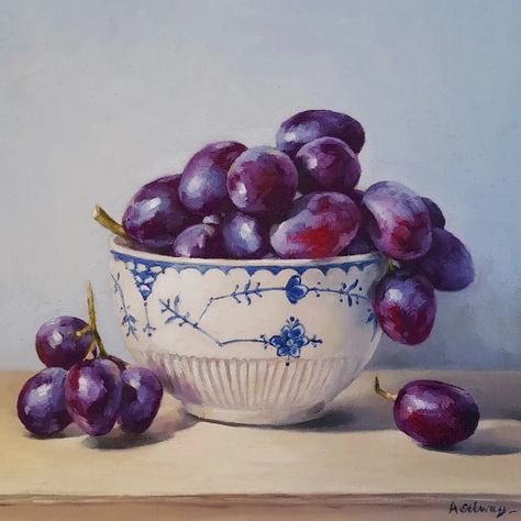 8x8ins oil on canvas board Van Gogh Still Life, Cherries Painting, Vegetable Painting, Contemporary Realism, Art Still Life, Black Grapes, Painting Contemporary, Fruit Painting, Daily Painting