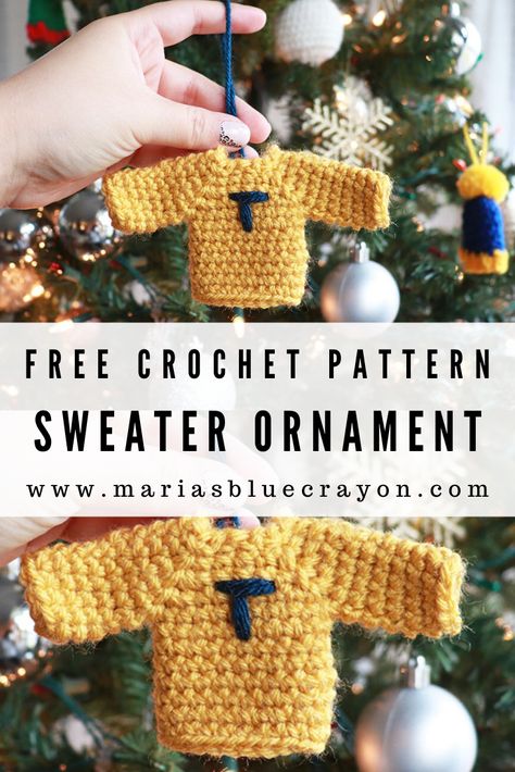 This adorable tiny sweater can be personalized for everyone in the family and hung on your tree as an ornament or added to gifts! Get the free pattern on my blog. #crochet #ornament #sweater Crochet Tiny Sweater, Tiny Sweater Crochet Pattern, Crochet Tiny Sweater Free Pattern, Crochet Harry Potter Christmas Ornaments, Crochet Sweater For Toy, Sweater Ornament Crochet, Harry Potter Crochet Ornament, Tiny Crochet Doll Clothes Free Pattern, Crochet Christmas Sweater Ornament