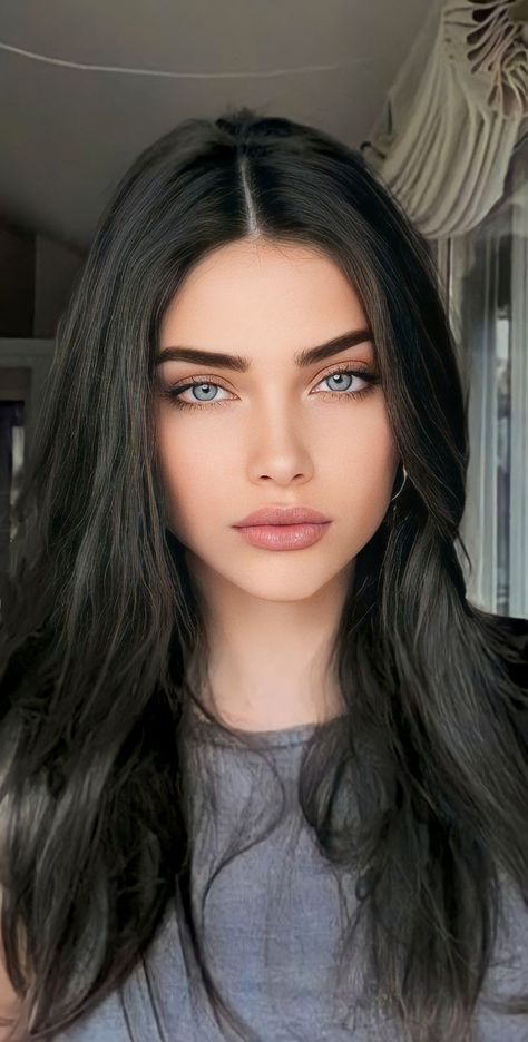 Sharp Woman Face, Black Hair Female Face Claims, Black Hair Grey Eyes Girl, Blue Eyed Brunette Girl, Black Haired Female Character, Girl With Black Hair And Blue Eyes, Blue Eyes Black Hair Girl, Dark Brown Hair With Blue Eyes, Dark Hair Pale Skin Blue Eyes