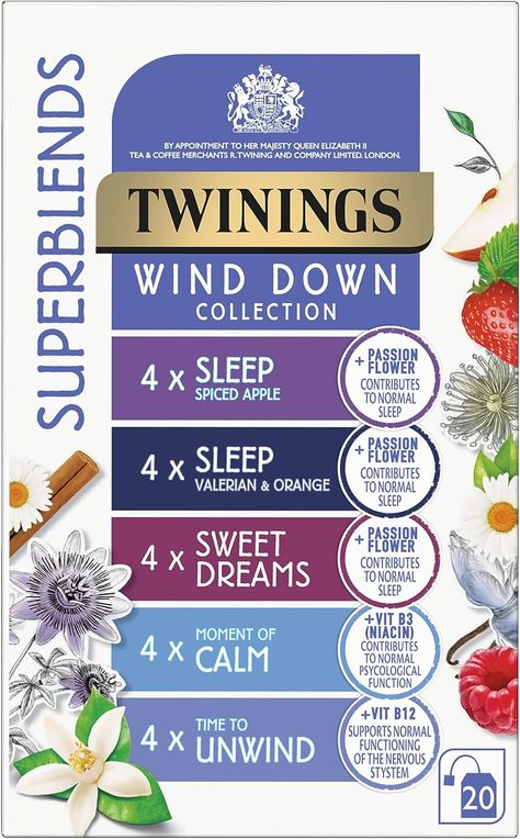 Take a sip and let your dreams take you away with this deliciously sweet and serene blend of spiced apple and vanilla herbal tea infusion Delicious, light & gentle floral blend with Valerian Root & Orange Blossom herbal tea with lavender This wind down collection contains a total of 20 individually wrapped envelopes Contributes to normal psychological function Twinning Tea, Twinnings Tea, Tea Infusion, Twinings Tea, Caffeine Content, Luxury Food, Valerian Root, Chocolate Sweets, Valerian