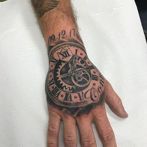 Best arm tattoo designs for men 2024 Clock With No Hands Tattoo, Time Hand Tattoo, Pocket Watch Hand Tattoo, Clock Hand Tattoo, Arm Tattoo Designs, Unique Hand Tattoos, Nautical Tattoo Sleeve, Exotic Tattoos, Hand Tatto