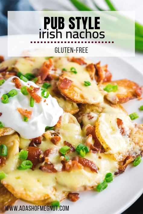 Whether you're looking for an appetizer to celebrate St. Patrick's Day or are just wanting a snack for a casual weekend at home, these Irish Nachos are just what you need. Tender and crispy potatoes get topped with an Irish cheddar, crumbled bacon, green onions and sour cream for an easy gluten-free appetizer. #glutenfree #appetizer Gluten Free St Patricks Day Food, Glutenfree Appetizer, Easy Irish Recipes, Irish Recipes Appetizers, International Meals, Irish Nachos, Irish Cheddar, Potato Nachos, Nachos Recipe Easy