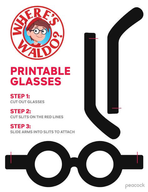 Get your glasses on and get ready to find Waldo with these printable spectacles! 🤓 #WheresWaldo #PeacockTV #printable Diy Where's Waldo Costume Ideas, Wheres Waldo Party Ideas, Wheres Waldo Printable, Wheres Waldo Trunk Or Treat Ideas, Where’s Waldo, Where's Waldo Printable, Pokémon Activities, Where's Waldo Costume, Find Waldo