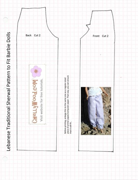 Sewing pattern for Lebanese sherwal underpants that will fit Barbie dolls and other fashion dolls. Overlaying image says, "chellywood.com free patterns, tutorials, and more" Ken Clothes, Free Printable Sewing Patterns, Free Barbie, Ken Barbie, Barbie Dress Pattern, Sewing Barbie Clothes, Barbie Sewing Patterns, Barbie Clothing, Diy Barbie Clothes