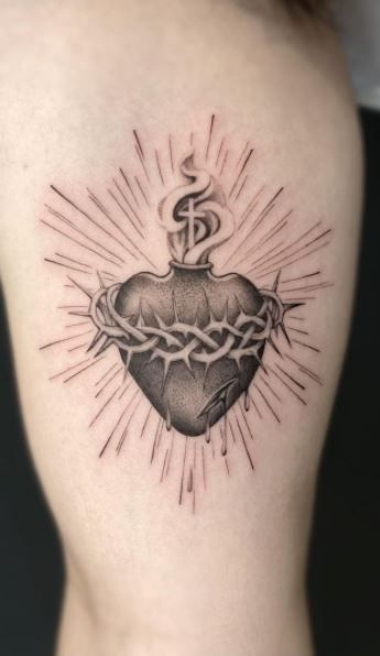 << Check out more Sacred Heart Tattoos and Ideas #tattoomenow #tattooideas #tattoodesigns #tattoos #divine #sacredheart #christian #religious #immaculateheart Gods Heart Tattoo, Divine Sacred Heart Tattoo, Sacred Heart Sternum Tattoo, Jesus Heart Tattoo, Sacred Heart Chest Tattoo, Sacred Heart Tattoo Traditional, Sacred Heart Of Jesus Tattoo, Sacred Heart Tattoo Design, Holy Tattoos