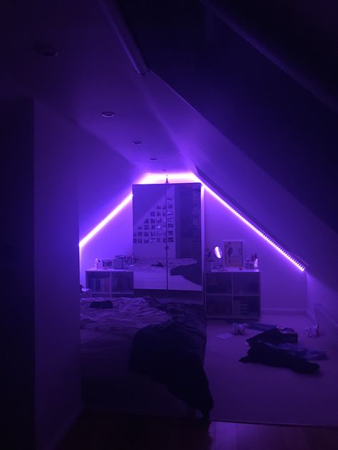 Led Lights Bedroom Aesthetic Led Lights Attic Bedroom, Attic Bedroom Ideas Led Lights, Led Lights Loft Bedroom Aesthetic, Led Lights Bedroom Boys, Led Boys Bedroom, Plane Bedroom, Teen Boy Bedroom Led Lights, Boys Attic Bedroom Ideas, Led Lights Bedroom Aesthetic Boys