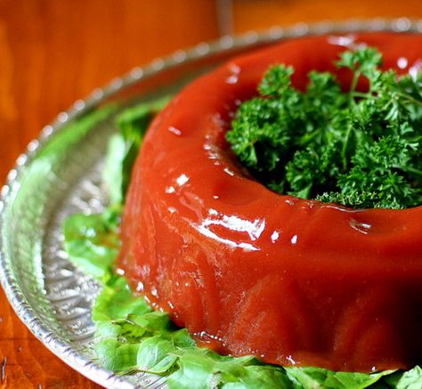 tomato aspic Aspic Recipes, Tomato Aspic Recipe, Tomato Aspic, Aspic Recipe, Pickle Drinks, Congealed Salads, Dill Pickle Vodka, Congealed Salad, Pickle Vodka