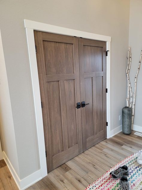 White Floor Trim Wood Door Trim, Wood Doors Black Hardware, Light Stained Doors With White Trim, Interior Doors Stained Wood, Hickory Interior Doors, Stained French Doors Interior, Stained Trim Interior Farmhouse, Interior Trim Stain Colors, Hickory Trim And Doors