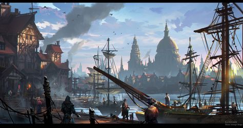 ArtStation - Assassin~2, G liulian Seaside City Fantasy Art, Pirate City, Concept Artist, Fantasy City, Fantasy Setting, Fantasy Places, Matte Painting, Fantasy Art Landscapes, Fantasy Concept Art