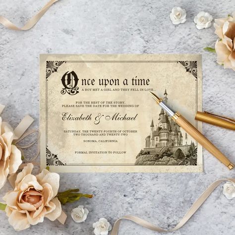 Once Upon a Time  Fairy Tale Castle Save the Date  Zazzle Fairy Tale Castle, Storybook Wedding, Fairytale Castle, Future Wedding Plans, Disney Theme, Disney Wedding, Fairytale Wedding, Here Comes The Bride, Wedding Saving