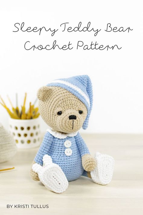 This crochet pattern includes all the instructions needed to make your own cute sleepy teddy bear in pajamas, night hat and bunny slippers. 4-way jointed with moving arms and legs. Sleepy Teddy Bear Amigurumi, Crochet Sleepy Bear, Sleepy Teddy Bear, Teddy Bear Crochet Pattern, Night Hat, Teddy Bear Crochet, Bear Crochet Pattern, Crochet Teddy Bear Pattern, Bunny Slippers