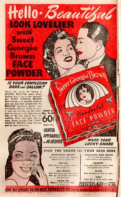 Sweet Georgia Brown Face Powder Advertisement 1940s WWII makeup African American Vintage Foundation, 1950s Makeup Advertisements, 1930s Makeup Products, 1920s Makeup, Vintage Compact Powder, Vintage Makeup Ads, Vintage Hairstyles Tutorial, Colors For Dark Skin, Makeup Ads