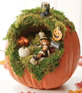 Diy Halloween Fairy Garden, Fairy Garden Pumpkin, Fairy Garden Design Ideas, Pumpkin Diorama, Halloween Fairy Garden, Creative Pumpkin Carving, Fall Decor Diy Crafts, Halloween Fairy, Fairy Garden Designs