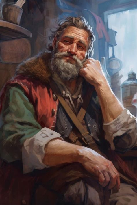 Kaleb Human Farmer D&d, Retired Adventurer Dnd, Farmer Character Design Male, Tavern Keeper Fantasy Art, Dnd Merchant Art, Fantasy Merchant Aesthetic, Fantasy Npc Art, Fantasy Shopkeeper, Dnd Fisherman