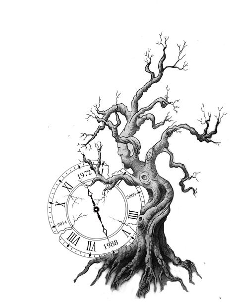 Book Inspired Tattoos, Inspired Tattoos, Clock Tattoo, Real Tattoo, Grey Tattoo, Tree Drawing, Tree Tattoo, Vintage Clock, Black And Grey Tattoos