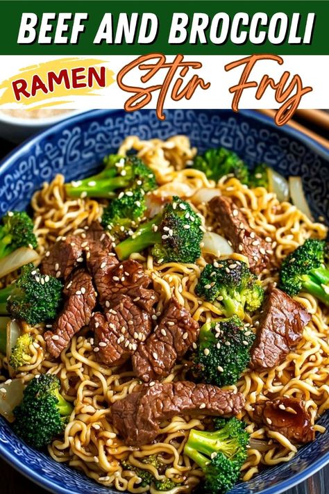 This beef and broccoli ramen stir-fry is even better than takeout! It's a hearty, savory meal that comes together in under 30 minutes. Beef And Ramen Stir Fry, Beef Ramen Stir Fry Easy, Beef And Brocolli Ramen Stir Fry Recipes, Ramen Noodle Stir Fry Beef, Dinner Ideas 30 Minutes Or Less, Ground Beef Ramen Skillet, Easy Beef Ramen Recipes, Chicken And Broccoli Ramen, Stir Fry Beef Recipes