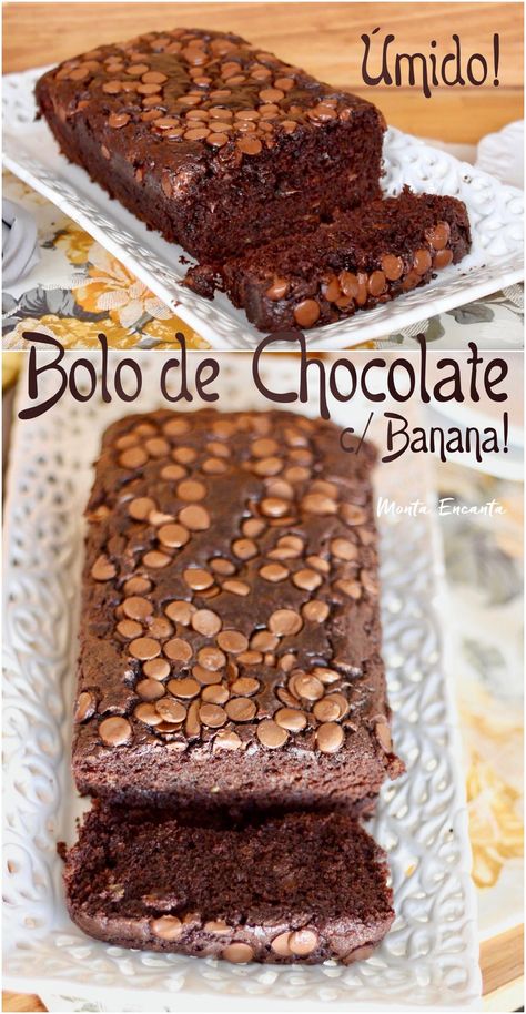 #Bolo úmido de chocolate com pedacinhos de chocolate derretido e facílimo de fazer. Sem batedeira nem liquidificador, bolinho que a gente faz na mão, bem rapidinho!#bolo, #bolosimples  #bolodefesta  #bolodeaniversário #bolodechocolate  #decoraçãodebolo #receitadebolo #montaencanta #bolofacil Healthy Banana Cake, Frozen Banana Recipes, Banana Bread Healthy, Muffins Banana, Bread Banana, Banana Snacks, Bread Healthy, Healthy Candy, Tarte Fine