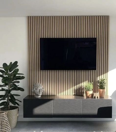 50 Amazing Tv Wall Ideas That Can Never Go Out Of Style - Fresh Diy Home Floating Tv Wall Design, Tv On Slat Wall, Tv On Blank Wall, Slat Tv Wall Ideas, Slats Behind Tv, Tv Bedroom Wall, Slat Wall Tv, Accent Wall Behind Tv, Wall Behind Tv