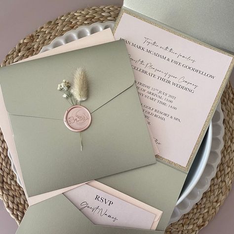 Green And Pink Wedding Theme, Sage Green And Pink Wedding, Sage Green And Blush Wedding, Pink And Sage Green Wedding, Sage And Blush Wedding, Pink Green Wedding, Green Invitations, Pocket Fold Wedding Invitations, Pink Wedding Theme