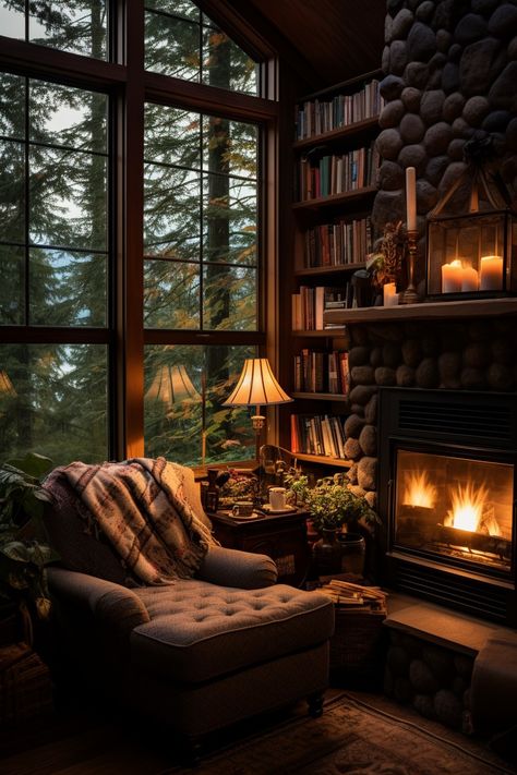 Forest Cottage Aesthetic, Cabin Patio, Library With Fireplace, Forest Bedroom, Forest Homes, Cabin Living Room, Cabin Aesthetic, Forest Cottage, Earthy Home