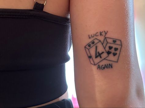 tattoo 2 mini dice, one with the number 4 and the other with 4 mini hearts inside it with the text ‘lucky again’ from louis tomlinson’s song Faith In The Future Tattoo Ideas, 28 Tattoo Number Ideas, Faith In The Future Tattoo, Louis Tomlinson Tattoos Inspiration, 1d Tattoos, Tattoo Song, Louis Tomlinson Tattoos, One Direction Tattoos, Inspo Tattoo