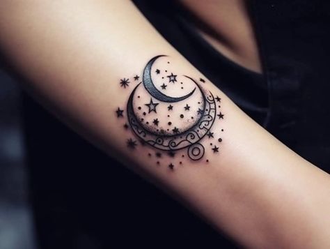 Moon and Star Tattoo Meaning: Symbolism and Designs Half Moon And Star Tattoo, The Moon And Stars Tattoo, Moon And Star Tattoos, Crescent Moon Tattoo Design, Sun Moon Stars Tattoo, Moon And Star Tattoo, Moon And Stars Tattoo, Moon Star Tattoo, Star Tattoo Meaning