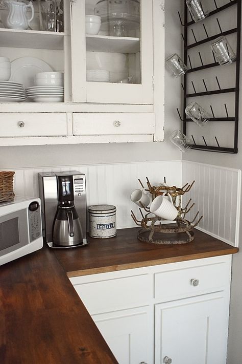 Backsplash With Butcher Block Counters, Backsplash With Butcher Block, Beadboard Backsplash Kitchen, Butcher Block Backsplash, Butcherblock Countertops, French Cottage Kitchen, Butcher Block Counters, Rustic Kitchen Backsplash, Kitchen Butcher Block