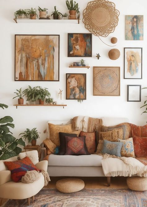 Boho Bedroom Gallery Wall, Above Couch Decor Boho, Neutral 70s Living Room, Nomad Living Room, Above Couch Wall Decor Eclectic, Cream Couch Boho Living Room, Wall Art Boho Living Room, Muted Eclectic Decor, Boho Art Gallery Wall