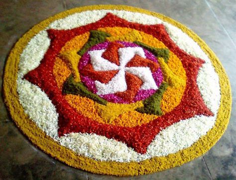 25 Most Colourful Rangoli Designs With Flowers To Try In 2018 Rice Rangoli, Onam Pookalam Design, Puja Decoration, Pookalam Design, Rangoli Designs For Competition, Thali Decoration Ideas, Latest Rangoli, Festival Rangoli, Pooja Thali