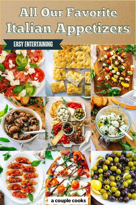 These Italian appetizers are crowd-pleasing starters to any Italian-style meal! Pick from bruschetta, crostini, caponata and more. #italian #italianappetizer #italianappetizerrecipes Party Appetizers Italian, Easy Italian Finger Foods, Italian Party Appetizers For A Crowd, Italian Food Party Ideas Appetizers, Italian Aperitivo Food, Italian Finger Foods Parties, Italian Tapas Ideas, Italian Party Food For A Crowd, Italian Style Appetizers