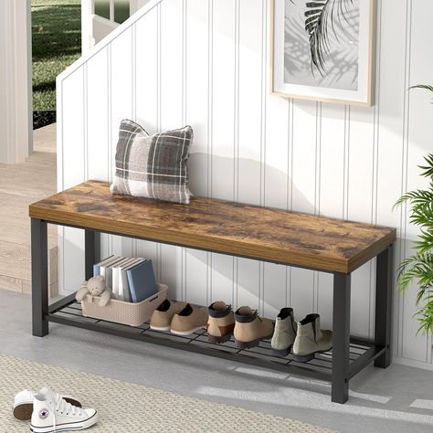 PRICES MAY VARY. MODERN ENTRYWAY BENCH : Featuring a rustic brown wood grain surface and sleek lines of the black metal frame. The second tier is designed with wire mesh, embodying an vintage style that complements home decor and farmhouse furniture. MULTI-FUNCTIONAL USE : Functional storage bench for shoes, boots, toys, also serving as a convenient seating solution. Suitable for entryway, foyer, end of bed bench, hallway, mudroom, or living room. ROBUST CONSTRUCTION : Sturdy shoe bench seat cra Entryway Bench Modern, Hallway Mudroom, Bench Hallway, Laundry Mudroom, Shoe Rack Bench, Entrance Ideas, End Of Bed Bench, Modern Entryway, Door Entrance