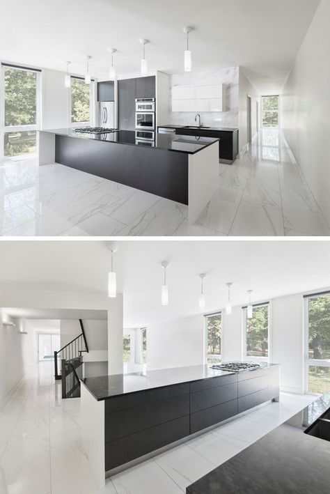 The dark cabinetry and kitchen island contrast with the white walls and marbled floor. Modern Kitchen Island, Best Kitchen Designs, Luxury Kitchen Design, Kitchen Room Design, Luxury Kitchens, Marble Floor, Luxury Kitchen, Contemporary Kitchen, Open Concept