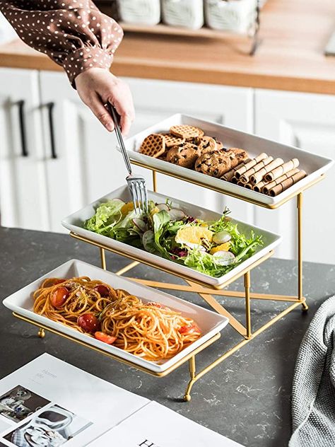 LAUCHUH 3 Tier Serving Stand with Porcelain Serving Platter Tier Serving Trays with Collapsible Sturdier Rack Gold : Amazon.co.uk: Home & Kitchen Tiered Serving Stand, Serving Stand, Tiered Serving Trays, Christmas Entertaining, Tiered Stand, Tasty Baking, Food Trays, Three Tier, Serving Trays