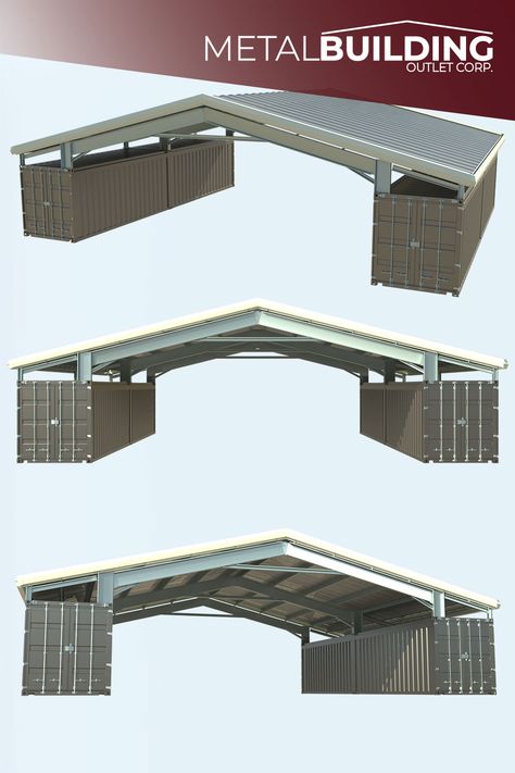 Shipping container roofs are perfect for maximizing the space you already have. They provide an open-air, weather-resistant area ideal for working or storing items. Steel shipping container covers can be mounted on the outer sides of your containers, fully covering them and providing dry storage on top. Click to see our shipping container roof kits and get a quote today. Roof Over Two Shipping Containers, Shipping Container Pavilion, Conex Shop, Shipping Container Barn, Shipping Container Roof, Shipping Container Store, Farm Equipment Storage, Container Workshop, Metal Roof Repair