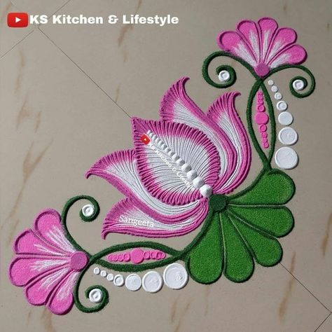 Easy Rangoli For Sankranti, Simple Flower Design Rangoli, Rangoli Designs Flower Easy, Rongali Design Simple, Free Hand Rangoli Designs Flower, Colour Rangoli Designs, Color Rangoli Designs, Flower Design Rangoli, Flower Rangoli Designs