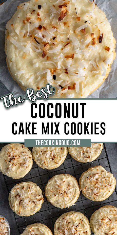 Close-up of coconut cake mix cookies on a wire rack. Best Coconut Cake, Soft Chewy Cookies, Cake Mix Cookie Bars, Amazing Cookie Recipes, Cake Box Cookies, Recipes Using Cake Mix, Family Breakfast Recipes, Coconut Cookies Recipes, Boxed Cake Mixes Recipes