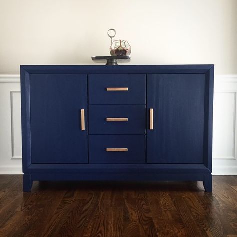 Solid wood buffet sideboard painted in rich navy blue chalk paint with gold drawer pulls. Awesome transformation. Navy Blue Buffet Cabinet, Navy Blue Buffet Sideboard, Navy Blue Sideboard, Navy Buffet Sideboard, Navy Chalk Paint Furniture, Navy Blue Chalk Paint Furniture, Blue Buffet Cabinet, Navy Blue Buffet, Navy Buffet