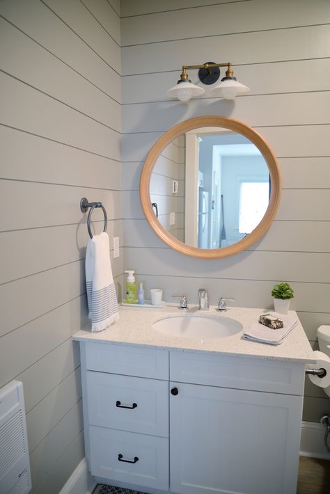 Shiplap In Bathroom, Mdf Shiplap, Grey Shiplap, Painting Shiplap, Bathroom Niche, Shiplap Bathroom, Ship Lap, Small Bathroom Renovations, Cottage Bathroom