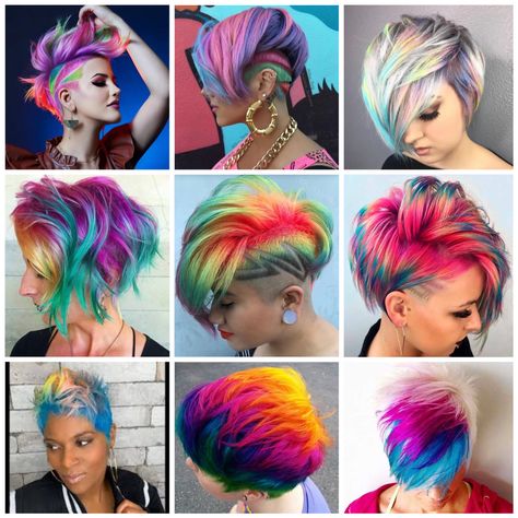 Short Rainbow Hair, Color Straight Hair, Curly Hair Wavy, Mohawk Haircut, Hairstyle Cute, Funky Hair, Color Formulas, Rainbow Hair Color, Hair Color Formulas