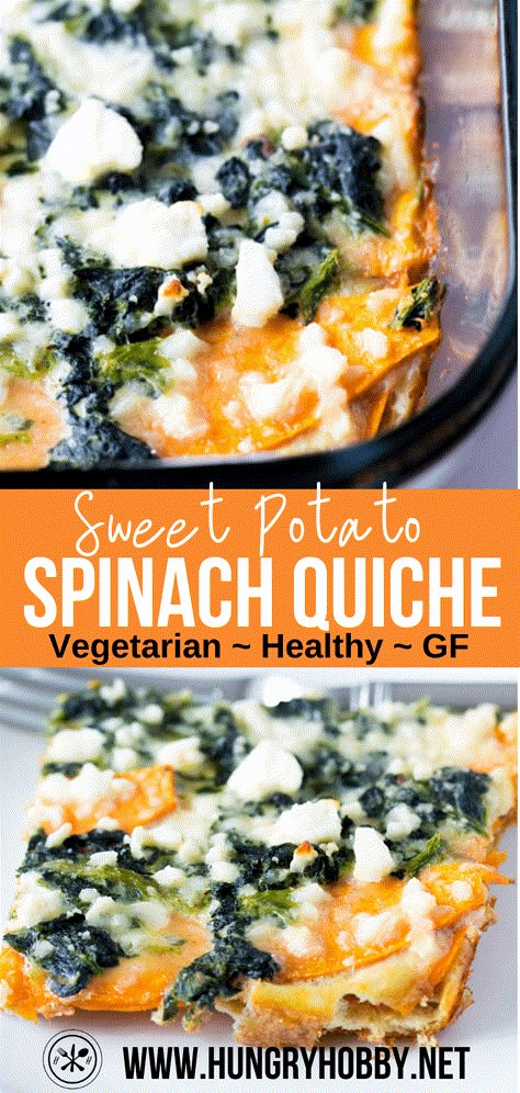 This sweet potato spinach quiche starts with a layer of thinly sliced sweet potatoes, and then it's filled with eggs, spinach, and feta for a healthy breakfast! Sweet Potato Spinach Quiche, Eggs Quiche, Quiche Vegetarian, Sliced Sweet Potatoes, Veggie Egg Bake, Eggs Spinach, Potato Spinach, Sweet Potato Slices, Sweet Potato Spinach