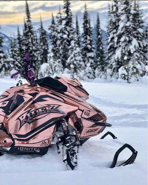 Pink Snowmobile, Snowmobile Aesthetic, Sled Wraps, Snowmobile Girl, Snowmobile Accessories, Snow Mobile, Snow Machine, Towing And Recovery, Rose Gold Chrome