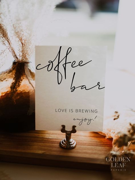 MATCHING ITEMS: https://etsy.me/3v6WAUr Create a cozy and inviting coffee bar at your next event with our customizable Coffee Bar Sign template! This digital download gives you the freedom to personalize the sign to match your event theme and style effortlessly. . . . . . . . . . . . . . . . . . . . . . . . . . . . . . . . . . . .  INSTANT DOWNLOAD! Purchase, edit, and print within minutes!  This template can be accessed through Templett.com - fully customizable template editor that allows you t Diy Wedding Coffee Bar, Engagement Party Coffee Bar, Iced Coffee Hour Wedding, Fall Wedding Coffee Bar, Iced Coffee Bar Wedding, Coffee Bar Ideas For Wedding, Love Is Brewing Bridal Shower Decor, Coffee Bar Bridal Shower Ideas, Coffee Bar At Wedding