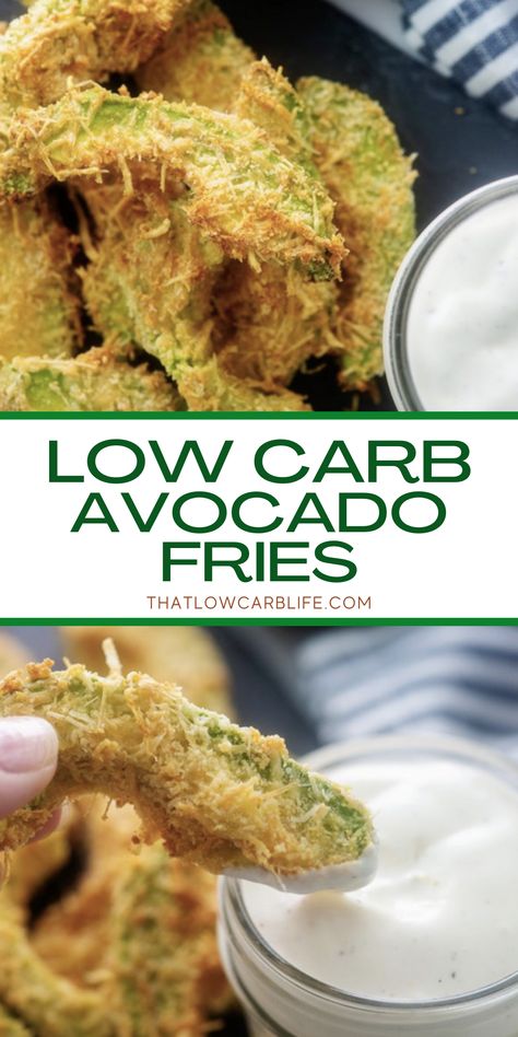 If you love fries but want to stick to your low carb meal plan, you're going to love these avocado fries. Keto Recipes With Avocado, Low Carb Avocado Recipes, Pegan Recipes, Avocado Snack, Avocado Dishes, Carb Sides, Keto Appetizers, Keto Healthy, Keto Side