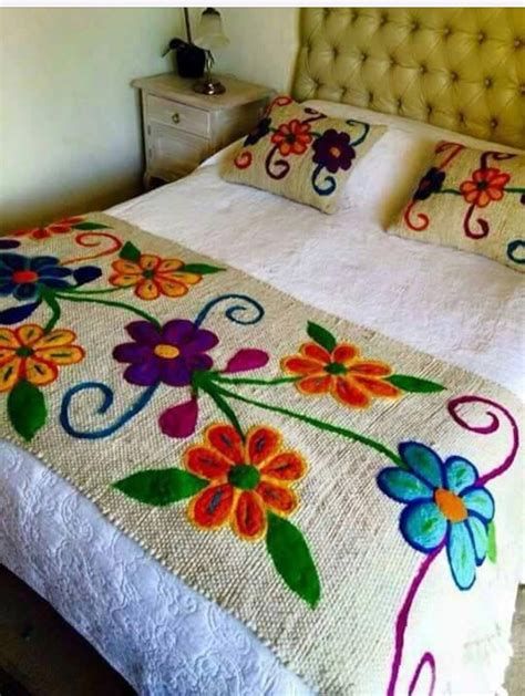 Boho Style Furniture, Mexican Embroidery Designs, Bed Cover Design, Interior Design Your Home, Mexican Embroidery, Embroidery Stitches Tutorial, Crochet Tapestry, Embroidered Cushions, Crewel Embroidery