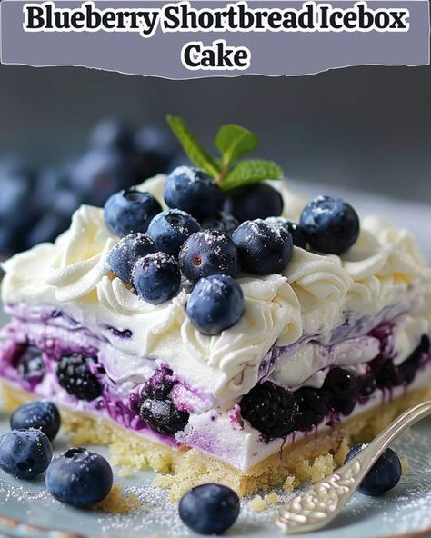 Blueberry Shortbread Icebox Cake, Blueberry Lasagna, Blueberry Shortbread, Blueberry Delight, Huckleberry Hound, Chocolate Blueberry, White Chocolate Shavings, Summer Flavors, Crispy Cheese