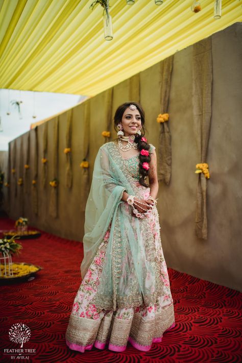 Floral printed lehenga in pink and mint combination for the mehendi |WedMeGood| Savleen & Harman|#wedmegood #indianweddings #mehendi #mint #pink #floralprinted #lehenga #light #floraljewellery Eastern Dresses, Mehendi Ceremony, Lehenga Jewellery, Mehendi Outfits, Pink Lehenga, Stylish Party Dresses, Elegant Saree, Indian Attire, Bridal Photos