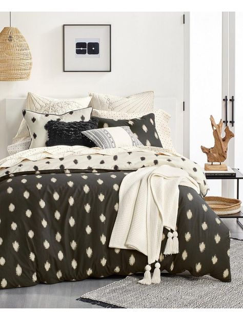 IKAT DOT COMFORTER SET, BLACK Comforter Sets Black, Bed Bedding Ideas, Apartment Bed, Ivory Bedding, Bedding Comforter Sets, Full Sleeper Sofa, Boho Duvet Cover, Boho Duvet, Twin Comforter Sets