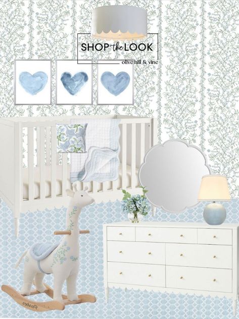 Pale blue sets the serene tone for this girl’s nursery. Delicate floral wallpaper adds charm, accented by a trio of blue heart artworks. Our favorite surprise: a giraffe rocking horse! Blue hydrangeas bring nature in. The white convertible crib and dresser with scalloped detailing match the flush mount light and accent mirror perfectly. Follow my shop @OliveHillandVine on the @shop.LTK app to shop this post! Blue Girl Nursery, Blue Nursery Girl, Crib And Dresser, White Convertible, Nursery Decor Inspiration, Heart Artwork, Marble End Tables, Duck Art, Blue Hydrangeas